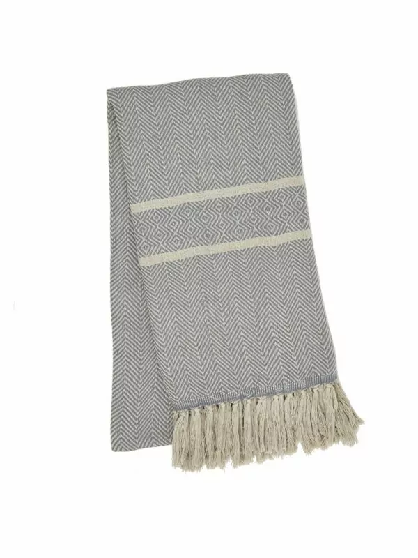 Productfoto van hammam doek met visgraat motief in het blauw en beige