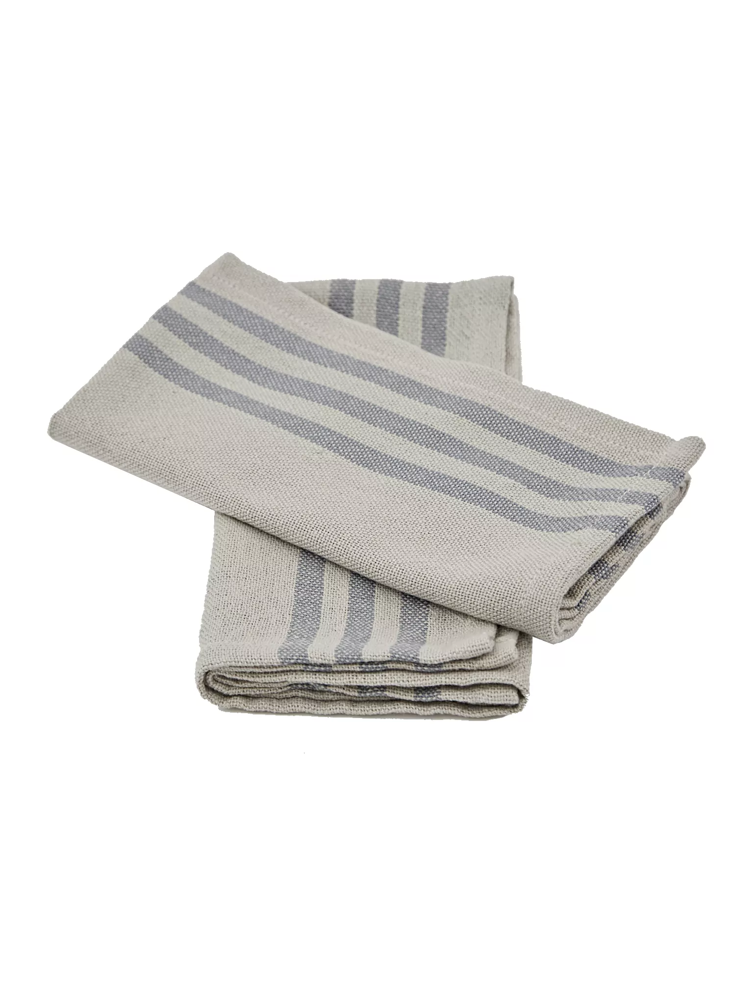 Productfoto van 2 opgevouwen linnenlook servetten met 3 blauwe horizontale strepen