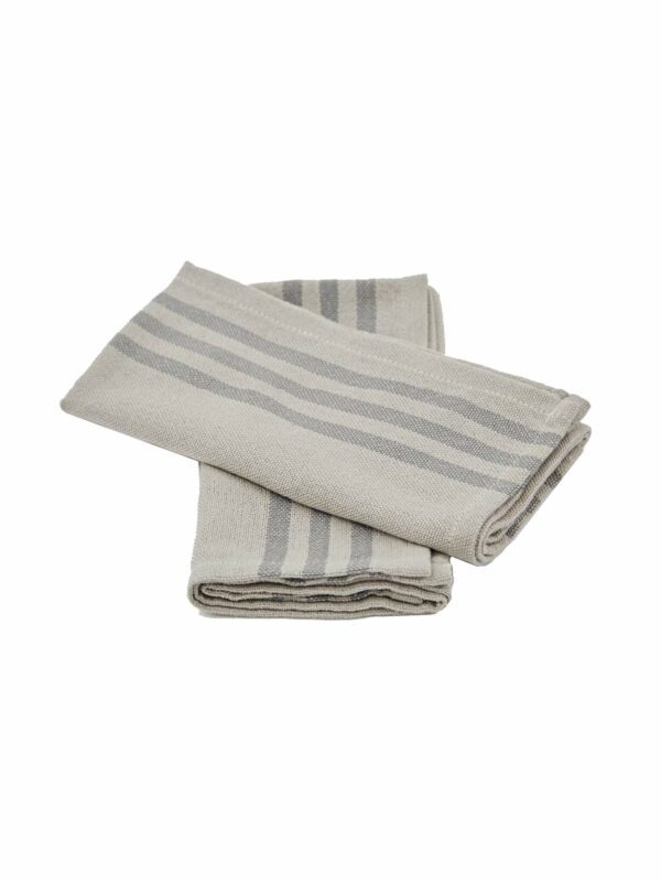 Productfoto van opgevouwen beige servetten met 3 grijze horizontale strepen