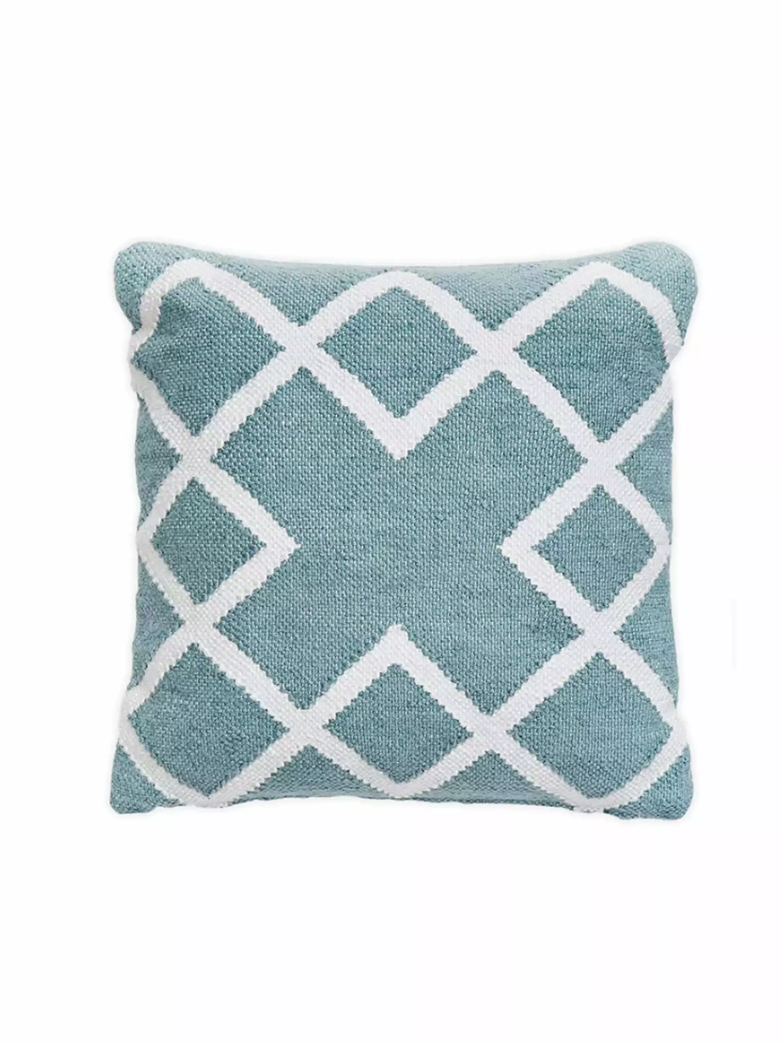 Productfoto van vierkant groenblauw kussen met wit diamantpatroon