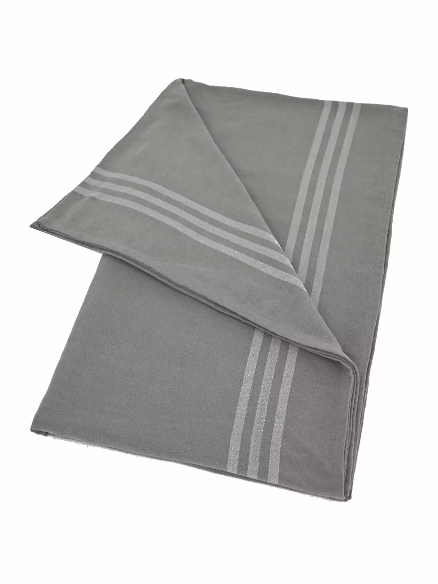Productfoto van gevouwen grijs tafelkleed met beige strepen